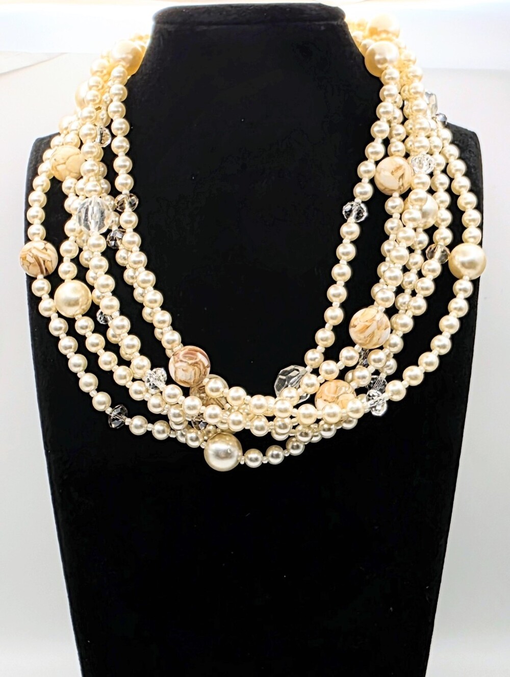 Multi Strand Faux Pearl Crystal Statement Necklace Chunky Layered Bib Collar